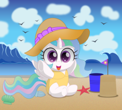 Size: 942x848 | Tagged: safe, artist:spellboundcanvas, princess celestia, alicorn, pony, starfish, g4, bow, cewestia, clothes, cute, cutelestia, female, filly, filly celestia, hat, ocean, sand, sandcastle, seashell, solo, swimsuit, wave, weapons-grade cute, younger