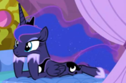 Size: 552x365 | Tagged: safe, screencap, princess luna, alicorn, pony, between dark and dawn, g4, bed, cute, ethereal mane, hoof shoes, hooves on cheeks, lunabetes, lying down, prone, sploot, starry mane