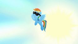 Size: 1920x1080 | Tagged: safe, screencap, rainbow dash, pony, g4, my little pony: rainbow roadtrip, female, mare, sky, solo, sun, sunglasses