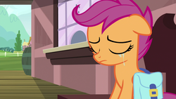 Size: 1920x1080 | Tagged: safe, screencap, scootaloo, pony, g4, the last crusade, crying, female, filly, floppy ears, foal, sad, saddle bag, scootalone, solo