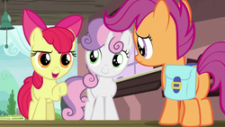 Size: 1920x1080 | Tagged: safe, screencap, apple bloom, scootaloo, sweetie belle, pony, g4, the last crusade, bell, cutie mark crusaders, saddle bag, train station
