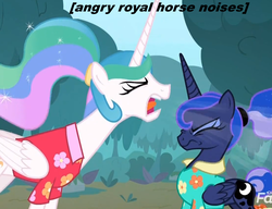 Size: 1043x802 | Tagged: safe, edit, edited screencap, screencap, princess celestia, princess luna, alicorn, pony, between dark and dawn, g4, alternate hairstyle, angry, angry horse noises, caption, clothes, cropped, descriptive noise, discovery family logo, duo, eyes closed, hair bun, hawaiian shirt, horse noises, outdoors, ponytail, shirt, traditional royal canterlot voice, tree