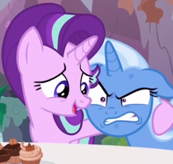 Size: 397x378 | Tagged: safe, screencap, starlight glimmer, trixie, pony, g4, student counsel, angry, cropped, cross-popping veins, cupcake, duo, floppy ears, food, hoof around neck