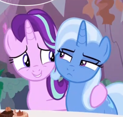 Size: 397x378 | Tagged: safe, screencap, starlight glimmer, trixie, pony, g4, student counsel, cropped, duo, hoof around neck, unamused