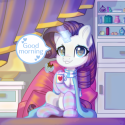 Size: 1500x1500 | Tagged: safe, artist:auroracursed, rarity, pony, unicorn, g4, blushing, clothes, cookie, cute, eating, female, food, glowing horn, horn, magic, mare, morning, morning ponies, mug, raribetes, scarf, smiling, socks, solo, speech, striped socks, talking to viewer, telekinesis, watermark