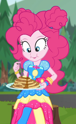 Size: 582x945 | Tagged: safe, screencap, pinkie pie, equestria girls, equestria girls series, g4, wake up!, spoiler:choose your own ending (season 2), spoiler:eqg series (season 2), clothes, cropped, cute, diapinkes, dress, eating, female, food, fork, geode of sugar bombs, magical geodes, pancakes, plate, syrup, wake up!: applejack