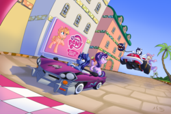 Size: 3543x2362 | Tagged: safe, artist:lordvaltasar, fluttershy, starlight glimmer, oc, alicorn, chain chomp, pegasus, pony, unicorn, g4, racing is magic, building, car, commission, female, high res, male, mare, mario kart, mario kart: double dash, palm tree, peach beach, ponified, poster, princess peach, stallion, super horn, super mario bros., tree