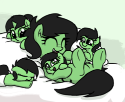Size: 476x390 | Tagged: safe, artist:plunger, oc, oc only, oc:filly anon, earth pony, pony, unicorn, baby, baby pony, bed, cuddling, cute, diaper, eye shimmer, eyes closed, female, filly, happy, hnnng, multeity, ocbetes, pillow, simple background, sleeping, smiling, snuggling, weapons-grade cute