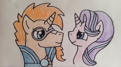 Size: 2770x1530 | Tagged: safe, artist:dragonpriness, starlight glimmer, sunburst, pony, unicorn, g4, cape, clothes, colored pencil drawing, female, glasses, looking at each other, looking at someone, male, mare, ship:starburst, shipping, stallion, straight, traditional art