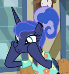 Size: 666x708 | Tagged: safe, screencap, princess luna, alicorn, pony, between dark and dawn, g4, alternate hairstyle, clothes, cropped, cute, female, hair bun, hawaiian shirt, hooves on cheeks, lunabetes, mare, shirt, solo, squishy cheeks, that pony sure does love the post office