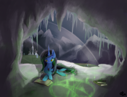 Size: 1221x939 | Tagged: safe, artist:overlord pony, oc, oc only, pony, unicorn, black magic, cave, crystal empire, dark magic, icicle, jewelry, magic, mountain, necklace, snow, solo