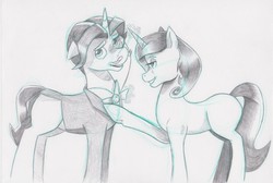 Size: 1850x1246 | Tagged: safe, artist:saturdaymorningproj, fancypants, fleur-de-lis, pony, unicorn, g4, female, looking at each other, male, mare, monochrome, open mouth, pencil drawing, raised hoof, ship:fancyfleur, shipping, simple background, sketch, stallion, straight, traditional art, white background