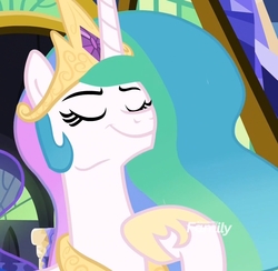 Size: 1107x1080 | Tagged: safe, screencap, princess celestia, alicorn, pony, between dark and dawn, g4, cropped, discovery family logo, eyes closed, female, mare, solo