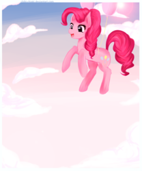 Size: 815x980 | Tagged: safe, artist:chokico, pinkie pie, earth pony, pony, g4, balloon, cloud, cute, diapinkes, female, floating, open mouth, sky, solo, then watch her balloons lift her up to the sky