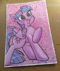 Size: 600x706 | Tagged: safe, artist:marybellamy, twilight sparkle, alicorn, pony, g4, commission, excited, female, heart, heart background, open mouth, photo, raised leg, solo, traditional art, twilight sparkle (alicorn)