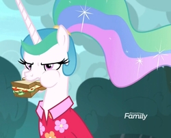 Size: 1334x1080 | Tagged: safe, screencap, princess celestia, pony, between dark and dawn, g4, alternate hairstyle, celestia is not amused, cropped, cute, cutelestia, discovery family logo, eating, female, food, madorable, ponytail, puffy cheeks, sandwich, solo, unamused