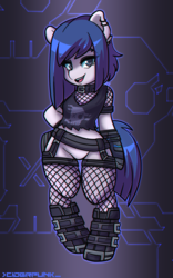 Size: 1250x2000 | Tagged: safe, artist:ciderpunk, oc, oc:datastream, pony, bipedal, boots, clothes, ear piercing, earring, fishnet stockings, jewelry, looking at you, piercing, shoes, standing