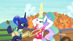 Size: 1920x1080 | Tagged: safe, screencap, princess celestia, princess luna, alicorn, pony, between dark and dawn, g4, alternate hairstyle, arm behind head, banjo, cart, dexterous hooves, discovery family logo, duo, food, hair bun, lotta little things, magic, musical instrument, peach, ponytail