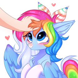 Size: 3000x3000 | Tagged: safe, artist:pesty_skillengton, oc, oc only, oc:rainbow dreams, human, pegasus, pony, :t, blushing, bow, chest fluff, colored nose, colored pupils, commission, cute, daaaaaaaaaaaw, ear fluff, ear tufts, female, hair bow, hand, happy, heart, human on pony petting, looking up, love, mare, ocbetes, pegasus oc, petting, simple background, smiling, solo focus, sparkles, spread wings, white background, wings