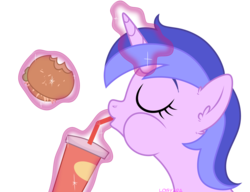 Size: 3200x2456 | Tagged: safe, artist:losyara, sea swirl, seafoam, pony, unicorn, g4, background pony, burger, drink, drinking, ear fluff, eyes closed, female, food, glowing horn, hay burger, high res, horn, magic, mare, simple background, solo, telekinesis, transparent background, ych result