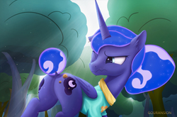 Size: 4332x2855 | Tagged: safe, artist:foxpit, princess luna, alicorn, pony, between dark and dawn, g4, burrs, butt, clothes, crepuscular rays, cute, female, literal butthurt, mare, plot, solo, stingbush seed pods, tree
