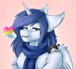 Size: 1694x1536 | Tagged: safe, artist:mamachubs, oc, oc only, oc:prince nova, alicorn, pony, alicorn oc, blanket, heart cloud, pansexual, pride, pride month, solo, vape