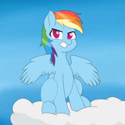Size: 3000x3000 | Tagged: safe, artist:freezeroffire, rainbow dash, pegasus, pony, g4, cloud, cute, dashabetes, feathered wings, female, high res, mare, no pupils, on a cloud, sitting, sky, smiling, solo, spread wings, wings