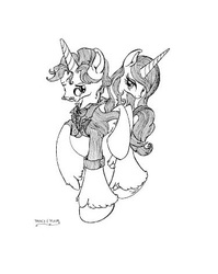 Size: 377x474 | Tagged: safe, artist:symph0nixx, fancypants, fleur-de-lis, pony, unicorn, g4, bowtie, clothes, lineart, monochrome, monocle, ponies riding ponies, raised hoof, riding, unshorn fetlocks