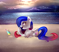 Size: 2500x2200 | Tagged: safe, artist:segraece, oc, oc only, oc:sherbert swirl, pegasus, pony, beach, cocktail, cup, high res, pegasus oc, ponyloaf, prone, sand, solo, wings