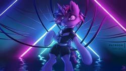 Size: 1920x1080 | Tagged: safe, artist:shad0w-galaxy, twilight sparkle, alicorn, pony, g4, bipedal, cyberpunk, female, harness, lindsey stirling, neon, patreon, patreon logo, signature, solo, song reference, tack, twilight sparkle (alicorn), underground, wallpaper, wires