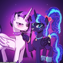 Size: 750x750 | Tagged: safe, artist:lumineko, princess celestia, princess luna, alicorn, pony, between dark and dawn, g4, 80s princess luna, alternate hairstyle, bracelet, collar, duo, ear piercing, female, frown, jewelry, looking at you, mare, necklace, piercing, punklestia, raised leg, royal sisters, smiling
