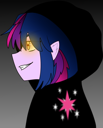 Size: 1104x1367 | Tagged: safe, artist:thatgreypeanut, twilight sparkle, human, g4, bust, corrupted, corrupted twilight sparkle, cutie mark on clothes, elf ears, evil smile, female, glowing eyes, gradient background, grin, humanized, implied grogar, smiling, solo, twilight is anakin