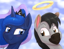 Size: 1280x987 | Tagged: safe, artist:hyperstorm_h, princess luna, oc, oc:cetas, pony, g4, blushing, brony, close-up, dead, halo, looking at each other, memorial, ponysona, rest in peace, sky background, smiling