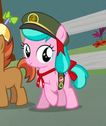 Size: 323x381 | Tagged: safe, edit, edited screencap, screencap, aquamarine, button mash, pony, crusaders of the lost mark, g4, aquabetes, aquamarine wears everything, cropped, female, filly, filly guides, liquid button, scout, solo focus