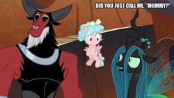 Size: 889x500 | Tagged: safe, edit, edited screencap, screencap, cozy glow, lord tirek, queen chrysalis, centaur, changeling, changeling queen, pegasus, pony, g4, the beginning of the end, belly, caption, crown, family, female, filly, horn, image macro, jewelry, mom, mommy, mommy chrissy, mother, regalia, text, wings