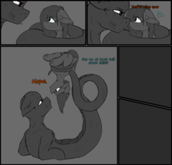 Size: 3136x3016 | Tagged: safe, artist:scarrly, oc, lamia, original species, pony, snake, snake pony, coiling, coils, comic, constriction, dialogue, high res, imminent vore, looking at each other, snek