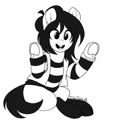 Size: 3758x4118 | Tagged: safe, artist:twisted-sketch, oc, oc:isabelle incraft, oc:izzy, pony, beret, clothes, commission, hat, high res, hooves, mime, monochrome, signature, sitting, smiling, underhoof