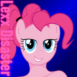 Size: 370x370 | Tagged: safe, artist:lexx disaster, pinkie pie, earth pony, pony, g4, avatar, bare shoulders, bedroom eyes, female, gradient background, looking at you, ponytail, simple background, solo, text