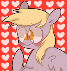 Size: 529x559 | Tagged: safe, artist:pinkiespresent, derpy hooves, pegasus, pony, g4, blushing, bust, cute, derpabetes, female, heart, mare, no pupils, portrait, solo