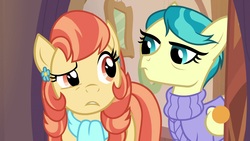 Size: 1920x1080 | Tagged: safe, screencap, aunt holiday, auntie lofty, pegasus, pony, g4, the last crusade, bags under eyes, clothes, duo, ear piercing, earring, female, jewelry, mare, piercing, raised eyebrow, scarf, sweater