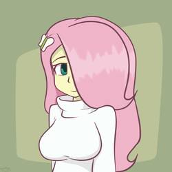 Size: 894x894 | Tagged: safe, artist:genericmlp, fluttershy, equestria girls, g4, abstract background, big breasts, breasts, busty fluttershy, clothes, cute, female, hair over one eye, shyabetes, solo, sweater, sweatershy