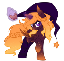 Size: 1611x1517 | Tagged: safe, artist:crystal-tranquility, oc, oc only, oc:enchanting elixir, alicorn, bat pony, bat pony alicorn, pony, braid, clothes, female, glowing horn, hat, horn, magic, mare, simple background, socks, solo, telekinesis, transparent background, witch hat