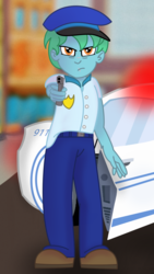 Size: 1080x1920 | Tagged: safe, artist:toyminator900, oc, oc only, oc:azure glide, human, equestria girls, g4, bio in description, car, commission, determined, gun, handgun, male, pistol, police car, police hat, police officer, police uniform, scar, solo, weapon