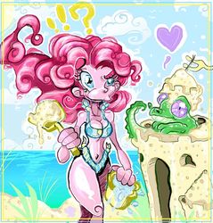 Size: 600x628 | Tagged: safe, artist:thinston, gummy, pinkie pie, alligator, human, g4, beach, bikini, bikini bottom, bikini top, breasts, clothes, exclamation point, heart, humanized, pictogram, pony coloring, question mark, sand, sandcastle, swimsuit