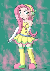 Size: 1240x1754 | Tagged: safe, artist:carol-aredesu, fluttershy, human, g4, abstract background, beyblade, clothes, crossover, dress, female, garter belt, gloves, humanized, long gloves, solo, standing, stockings, thigh highs, three quarter view