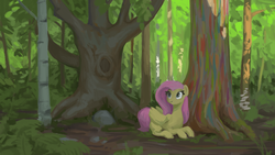 Size: 1920x1080 | Tagged: safe, artist:redruin01, fluttershy, pegasus, pony, g4, eucalyptus, female, forest, nature, painting, scenery, solo