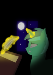 Size: 2123x3000 | Tagged: safe, artist:alltimemine, lyra heartstrings, pony, unicorn, g4, bust, crazy face, darkness, faic, female, glowing horn, grin, high res, horn, inkscape, levitation, lineless, magic, mare, moon, night, night sky, portrait, profile, quill, sky, smiling, solo, stars, table, telekinesis, vector, window