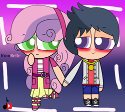 Size: 992x892 | Tagged: safe, artist:christinethestar, rumble, sweetie belle, human, g4, art trade, female, humanized, male, powerpuffified, ship:rumbelle, shipping, straight, the powerpuff girls