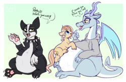 Size: 1012x661 | Tagged: safe, artist:lulubell, oc, oc only, oc:lulubell, oc:pyralis, oc:roxy, diamond dog, dragon, pony, unicorn, belly, dialogue, fetish, gentle pred, imminent vore, paw pads, paws, polite, post-vore, squirming belly, underpaw, vore