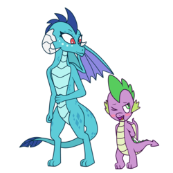 Size: 4800x4800 | Tagged: safe, artist:maxter-advance, princess ember, spike, dragon, g4, blush sticker, blushing, dragoness, female, hands behind back, male, one eye closed, ship:emberspike, shipping, straight, winged spike, wings